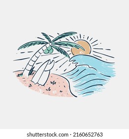 Beauty beach with good wave and surfing graphic illustration vector art t-shirt design