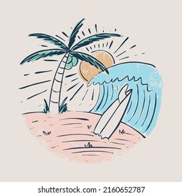 Beauty beach with good wave and surfing graphic illustration vector art t-shirt design