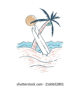 Beauty beach with good wave and surfing graphic illustration vector art t-shirt design