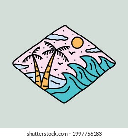 Beauty beach with great wave graphic illustration vector art t-shirt design