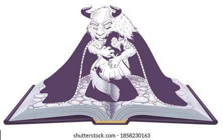 Beauty and beast open book fairy tale. Monster and beautiful girl hug in dance. Isolated on white vector open book cartoon illustration