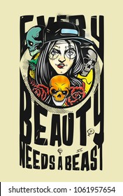 Beauty with beast - poster, Hand Drawn Sketch Vector illustration.
