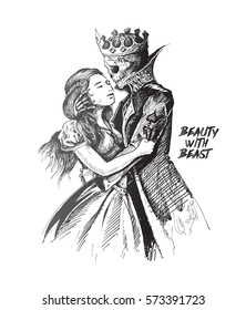 Beauty with beast - beast prince and girl, Hand Drawn Sketch Vector illustration.