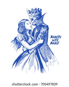 Beauty with beast - beast prince and girl, Hand Drawn Sketch Vector illustration.