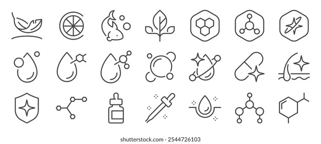 Beauty Benefit icon set. It included contexts such as vitamin, mineral, oil, cosmetic, properties, and more. Editable Vector Stroke.