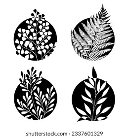 Beauty black logo collection with fern and herbs. Vector illustration for icon, logo, sticker, printable and tattoo