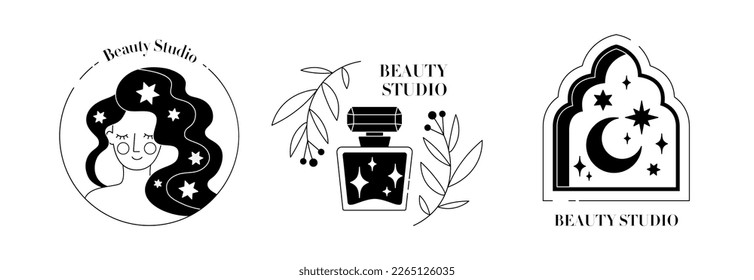Beauty black logos set. Collection of graphic elements for website. Beauty studio, skin and hair care, spa treatments and cosmetics. Cartoon flat vector illustrations isolated on white background