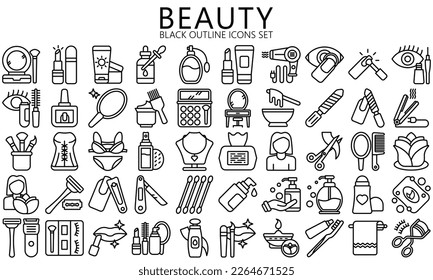 beauty black outline icons set. contain such as cream, pedicure, hair treatment, cosmetic, brush and more. Vector EPS 10 ready convert to SVG. use for modern concept, UI or UX kit, web and app. svg