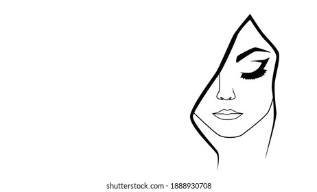 Beauty black and white silhouette, face of woman. Line art, female face with eyes down. Beauty salon icon. Concept of beuty, femininity. Copy space