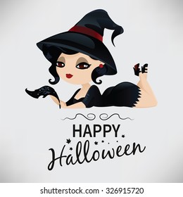 Beauty black-haired witch with a pen in pin-up style. Greeting card for Halloween.