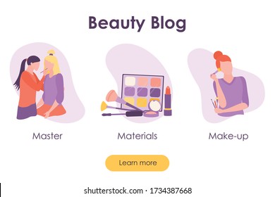 Pancarta del blog de belleza con personajes femeninos y productos cosméticos. Página de aterrizaje con equipo de maquillaje y chica con herramienta cosmética. Mujer de moda maestra con lápiz y cliente. Ilustración vectorial plana