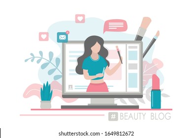 Beauty blog, girl blogger making review for cosmetics. Young woman talking about make up on vlog channel. Female character on monitor screen. Trendy style Vector illustration