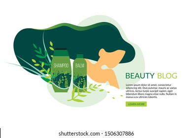 Beauty Blog Landing Flat Cartoon Vector Illustration. Young Girl Silhouette with Long Hair Advertising Natural and Organic Cosmetics for Haircare. Shampoo and Balm Ad. Green Grass and Leaves.