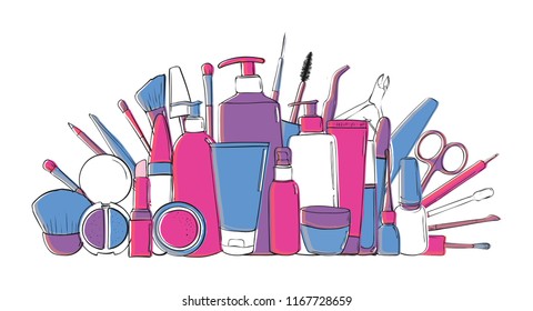 Beauty blog or makeup store hat. Beauty salon and make-up produkts. Drawing hands