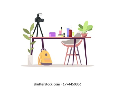 Beauty blog semi flat RGB color vector illustration. Camera and cosmetics on table isolated cartoon objects on white background. Professional stylist vlog, makeup and skincare products review