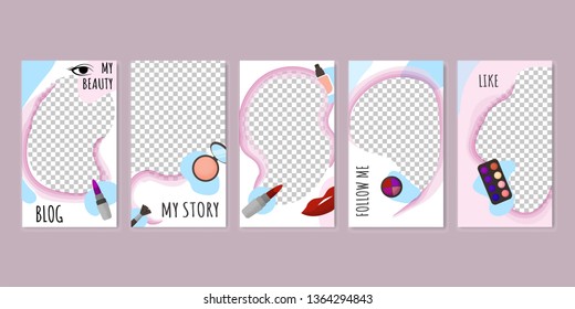Beauty Blog Set of Templates with Cosmetics for Social Media Vector Illustration. Like, Follow me Banners. Lips with red lipstick, eye shadows, powder, brush, foundation cream, blush.