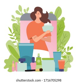 Beauty blog, woman blogger and cosmetics vector illustration design. Makeup stream for glamorous girls leading trendy lifestyle. Cartoon style image. Vlogger information streaming. Isolated on white