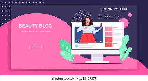 beauty blogger applying lipstick woman showing trend makeup tutorial blogging concept portrait computer monitor screen horizontal copy space vector illustration