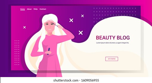 beauty blogger applying mascara woman vlogger showing trend makeup tutorial blogging concept portrait horizontal copy space vector illustration