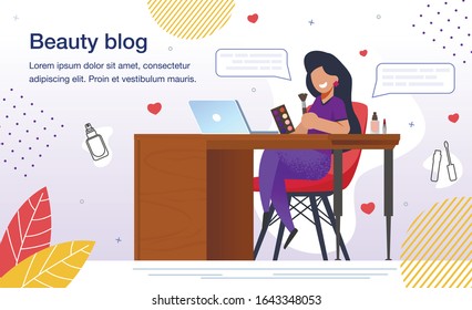 Beauty Blogger Blog or Video Channel Banner, Poster. Woman Making Review, Promoting and Recommending Cosmetics Product for Follower, Streaming Online Makeup Lesson Trendy Flat Vector Illustration