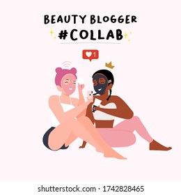 beauty blogger collaboration concept. two woman young influencers create blog and vlog content together cartoon illustration