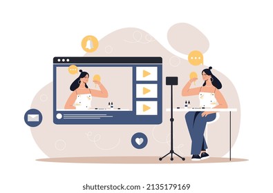 Beauty blogger concept. Girl in front of camera reviewing cosmetics, popular person and opinion leader, information and promotion of goods on Internet, social media. Cartoon flat vector illustration