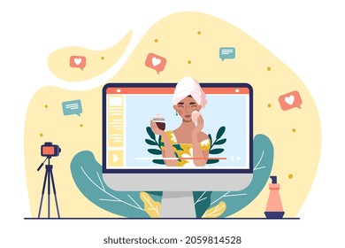 Beauty blogger concept. Girl shows how to properly care for skin, cosmetics advertising. Woman applying powder to her face, review. Cartoon flat vector illustration isolated on white background