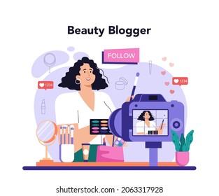 Beauty blogger concept. Internet celebrity in social network. Popular female video blogger doing makeup tutorials and reviews. Flat vector illustration