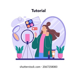 Beauty blogger concept. Internet celebrity in social network. Popular female video blogger doing makeup tutorials and reviews. Flat vector illustration