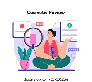 Beauty blogger concept. Internet celebrity in social network. Popular female video blogger doing makeup tutorials and reviews. Flat vector illustration