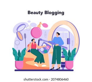 Beauty blogger concept. Internet celebrity in social network. Popular female video blogger doing makeup tutorials and reviews. Flat vector illustration