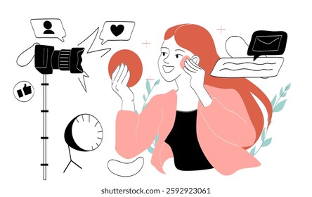 Beauty blogger concept. Woman with powder near camera. Young girl with make up and cosmetics. Popular personality and influencer create interesting content. Linear vector illustration