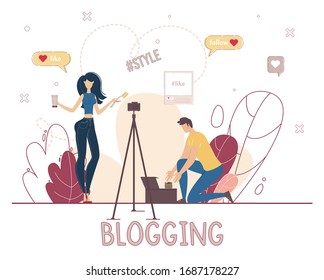 Beauty Blogger, Fashion and Style Vlogger Review Video Concept. Blogging People, Woman Promoting Cosmetics Brand, Recommending Product for Makeup to Channel Follower Trendy Flat Vector Illustration