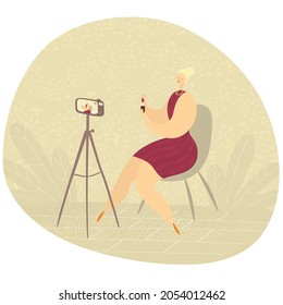 Beauty blogger in front of camera. Cosmetics review. Makeup artist shares the secrets of mastery. Cartoon vector illustration