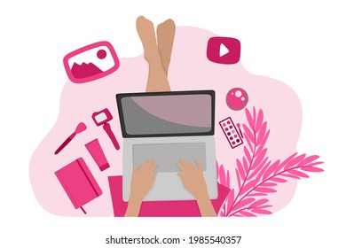 A beauty blogger girl makes a makeup tutorial video while sitting on the floor. Vector illustration in a flat style for use in web design, social networks, websites, blogs.