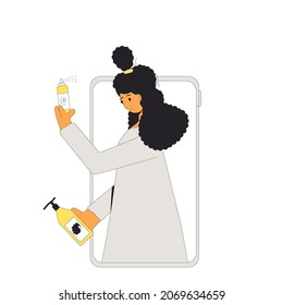 Beauty blogger giving advice how to stytling wavy, curl, coils, afro hair. Tutorial or online training for home styling. Vector illustration