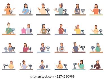 Beauty blogger icons set cartoon vector. Business woman. Fashion girl