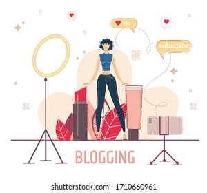 Beauty Blogger Live Stream Concept. Woman Recording Video with Smartphone, Reviewing Cosmetics Products, Testing Goods for Makeup, Recommending Brand to Subscriber Trendy Flat Vector Illustration