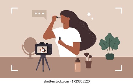 Beauty blogger. Make up influencer. Woman doing makeup and recording a video. Vector