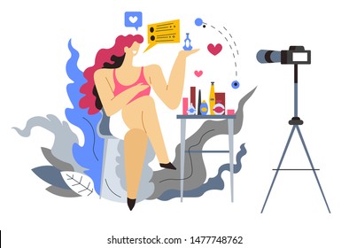 Beauty blogger or makeup artist, Internet profession, girl and cosmetics vector. Woman showing perfumes, gels and shampoo on video camera, vlog. Web blogging, online mass media, hair stylist
