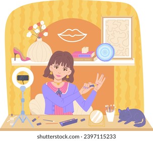 Beauty blogger makeup review. Girl with cosmetic products talking on camera with cat on room interior background.