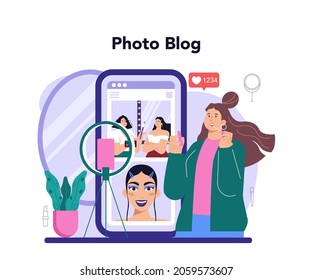 Beauty blogger online service or platform. Video blogger doing makeup tutorials and reviews. Online photo blog. Flat vector illustration