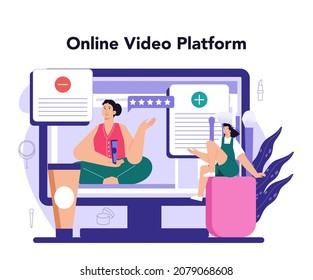 Beauty blogger online service or platform. Video blogger doing makeup tutorials and reviews. Online video platform. Flat vector illustration