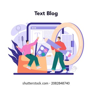 Beauty blogger online service or platform. Video blogger doing makeup tutorials and reviews. Online text blog. Flat vector illustration