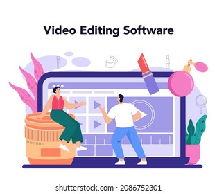 Beauty blogger online service or platform. Video blogger doing makeup tutorials and reviews. Online video editing software. Flat vector illustration