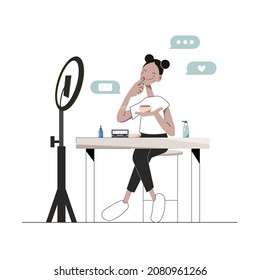 Beauty blogger recording makeup tutorial video for her vlog. Woman talking and showing cosmetic products in front of camera. Monochrome flat vector illustration of vlogger isolated on white backdrop.