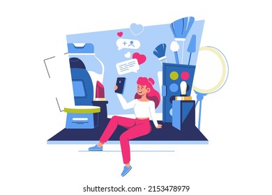 Beauty blogger recording makeup tutorial video for vlog vector illustration. Cosmetics or beauty products review