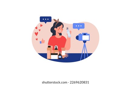 Beauty blogger recording makeup tutorial video for her vlog illustration