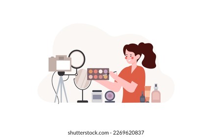 Beauty blogger recording makeup tutorial video for her vlog illustration