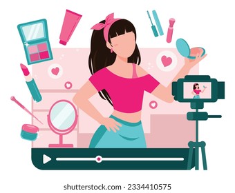 Beauty blogger recording makeup tutorial video for her vlog. Woman talking and showing cosmetic products in front of camera. Colored flat vector illustration of vlogger isolated